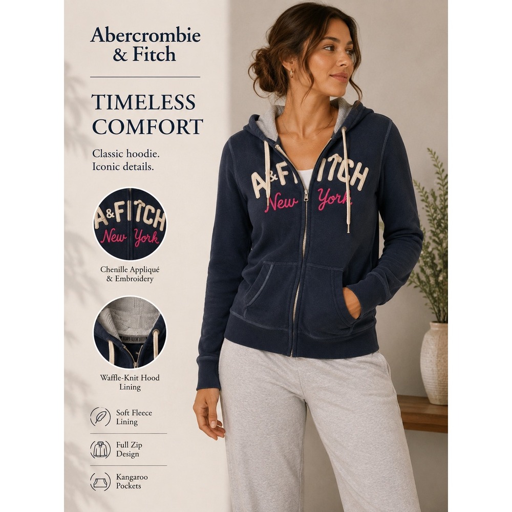 Abercrombie & Fitch Full Zip Hoodie Women Large Navy Blue Chenille Logo New York